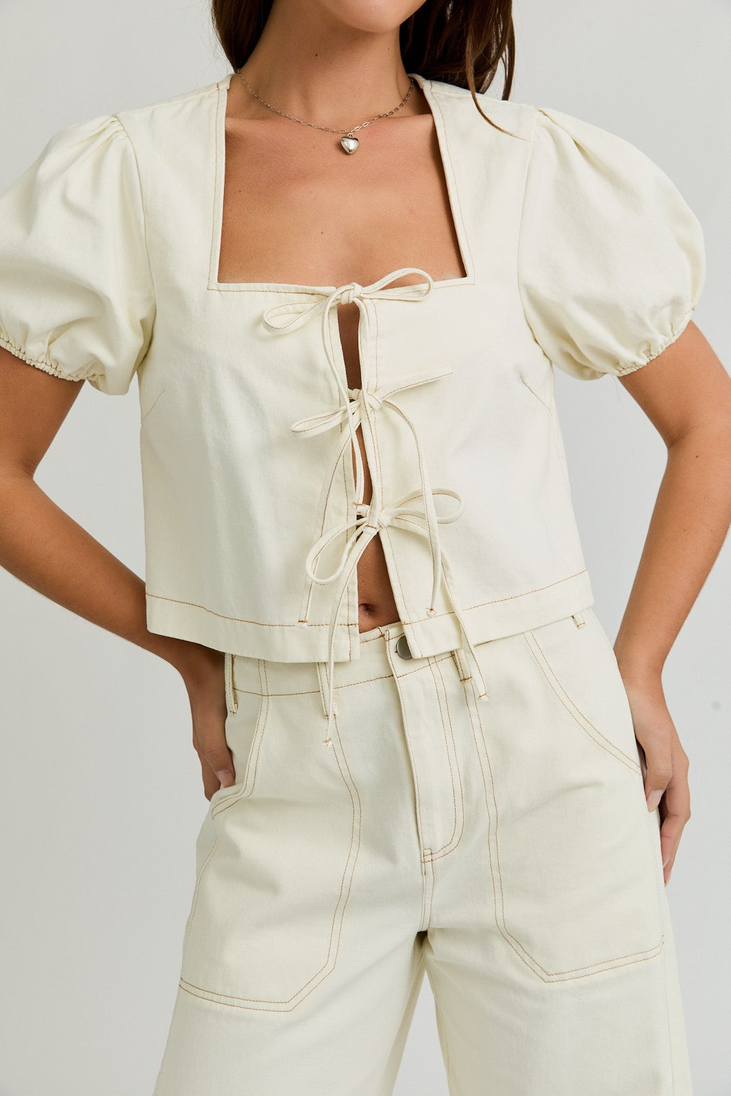 Square Neck Front Tie Top with Seam Detail Pants Set