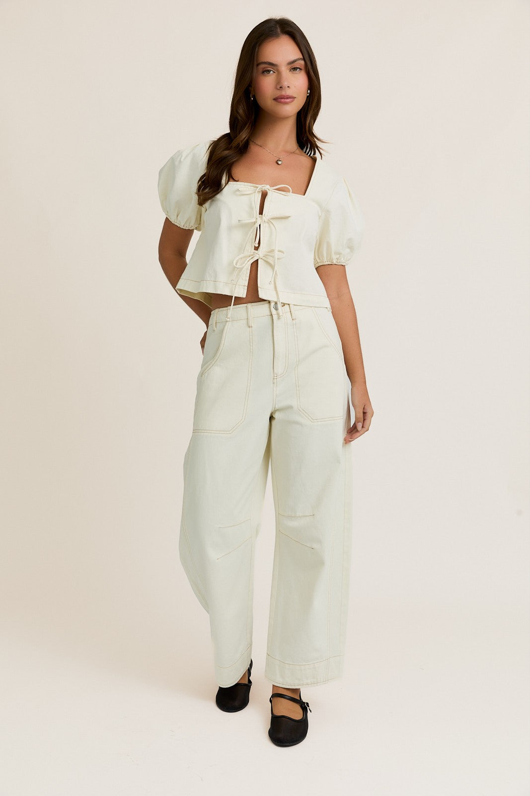 Square Neck Front Tie Top with Seam Detail Pants Set