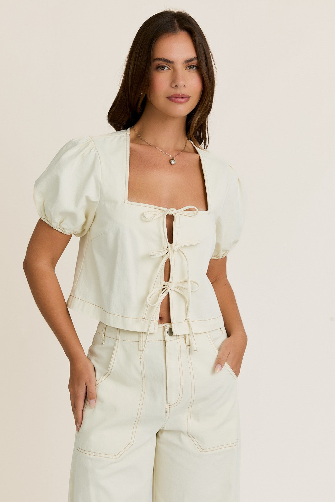 Square Neck Front Tie Top with Seam Detail Pants Set