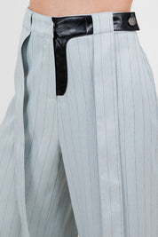 Pinstripe Pu Combo Trousers With Strap Details