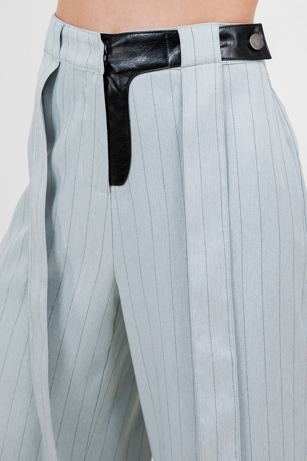 Pinstripe Pu Combo Trousers With Strap Details