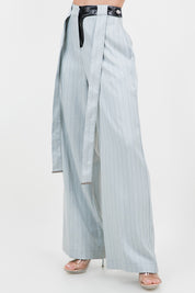 Pinstripe Pu Combo Trousers With Strap Details