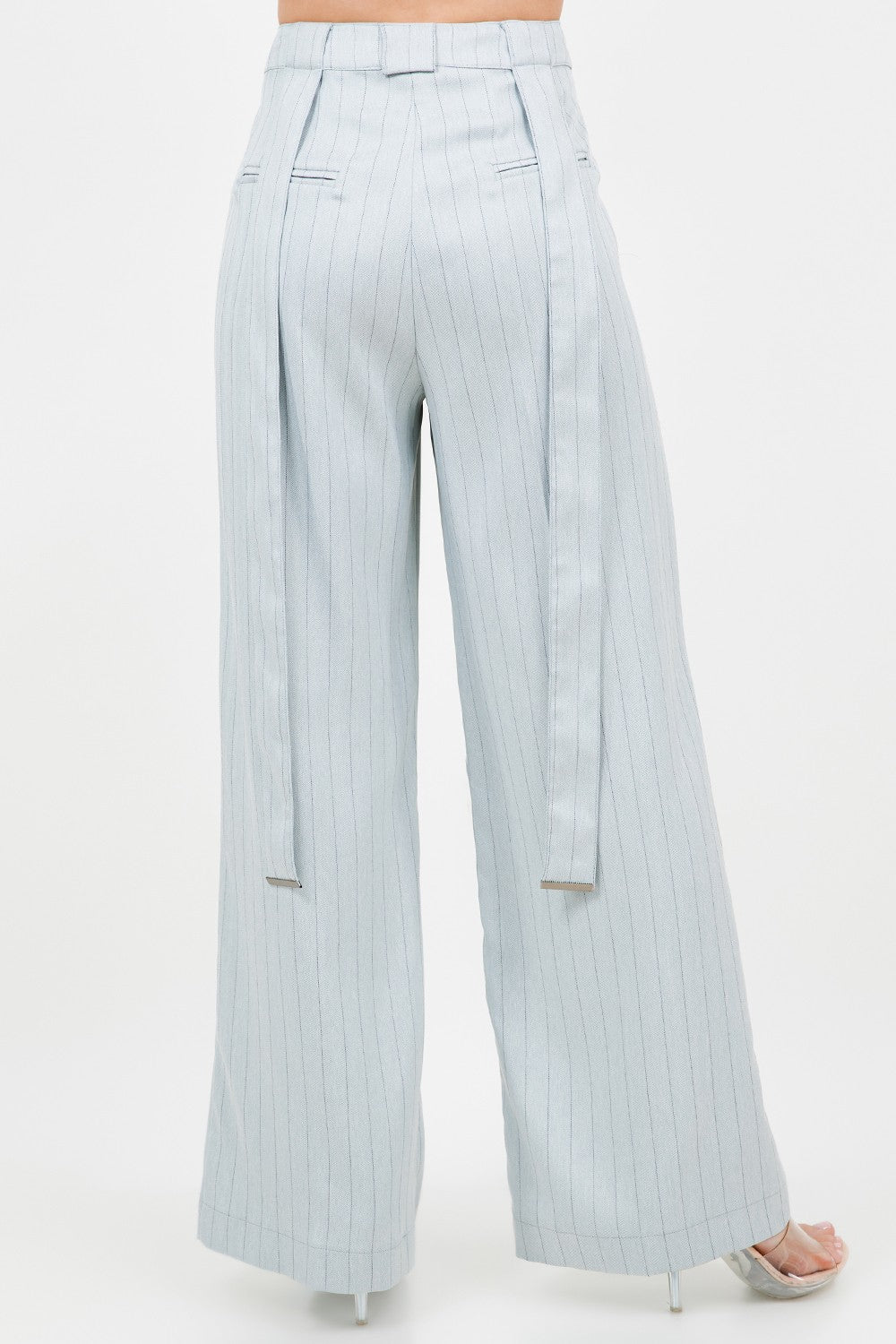 Pinstripe Pu Combo Trousers With Strap Details