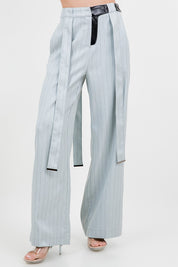 Pinstripe Pu Combo Trousers With Strap Details