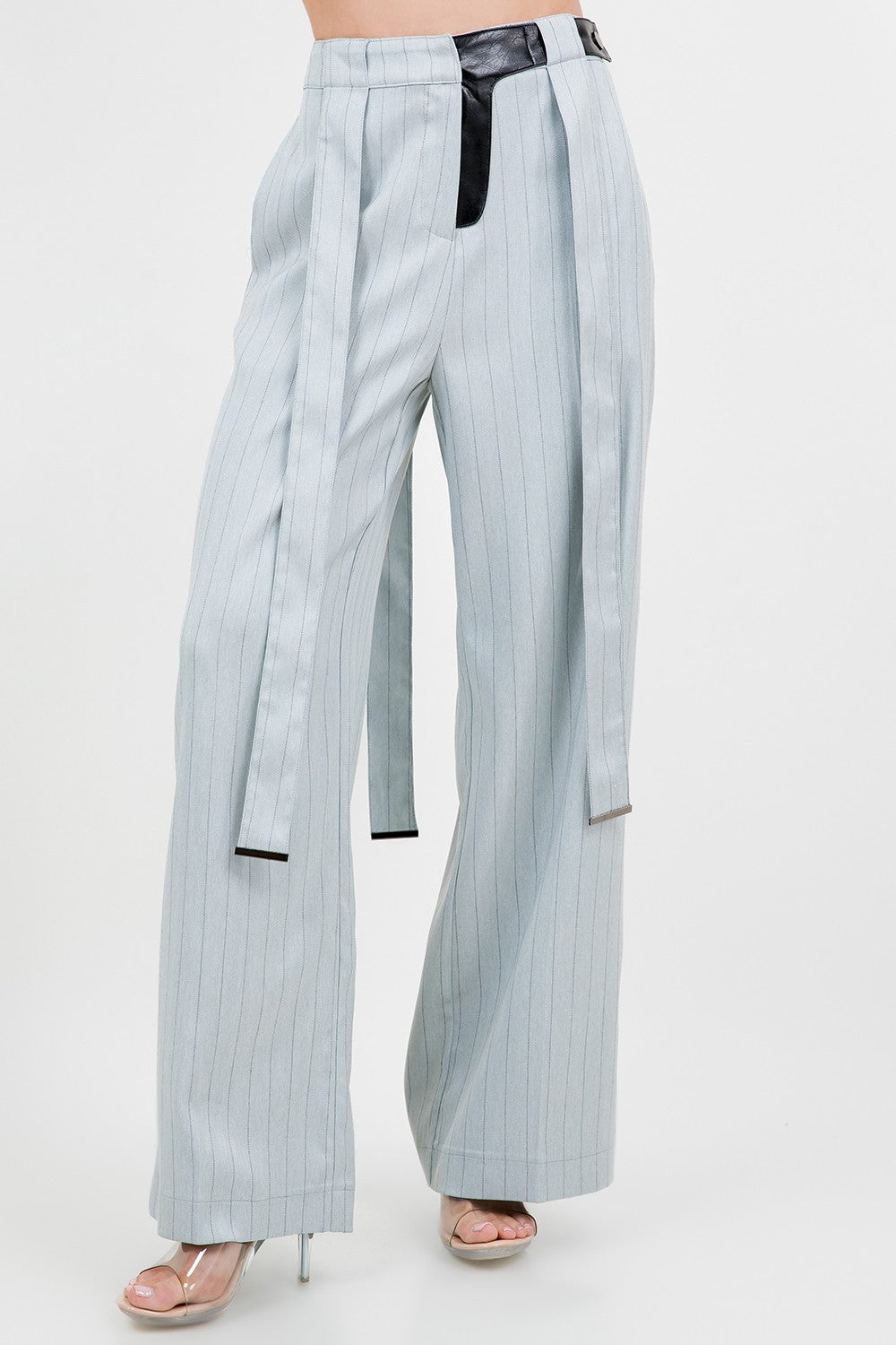 Pinstripe Pu Combo Trousers With Strap Details