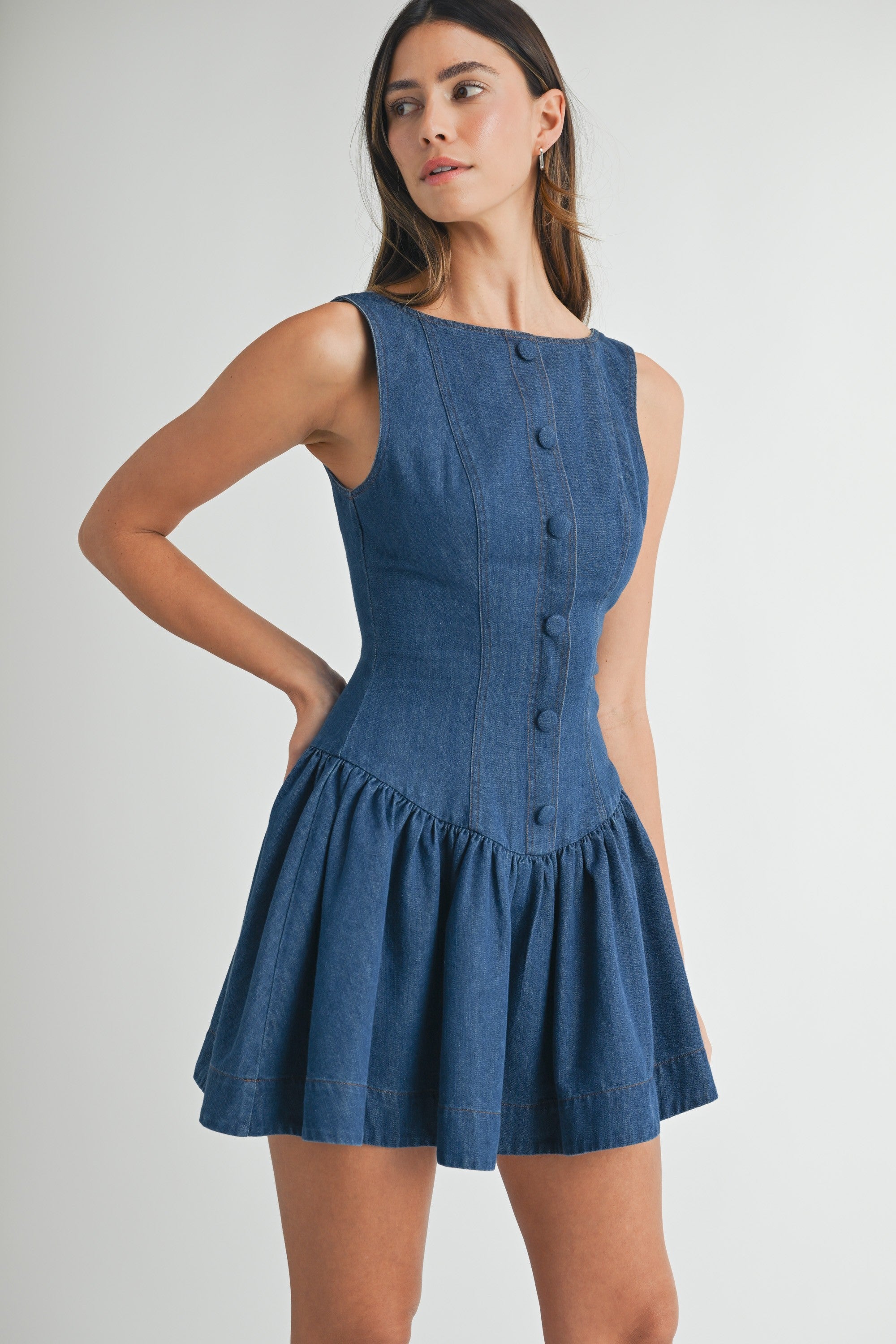 Denim Button Front Low Waist Mini Dress