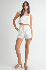 White Sleeveless Crop Top And Shorts Set