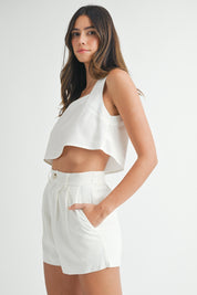 White Sleeveless Crop Top And Shorts Set