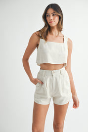 Oatmeal Sleeveless Crop Top And Shorts Set