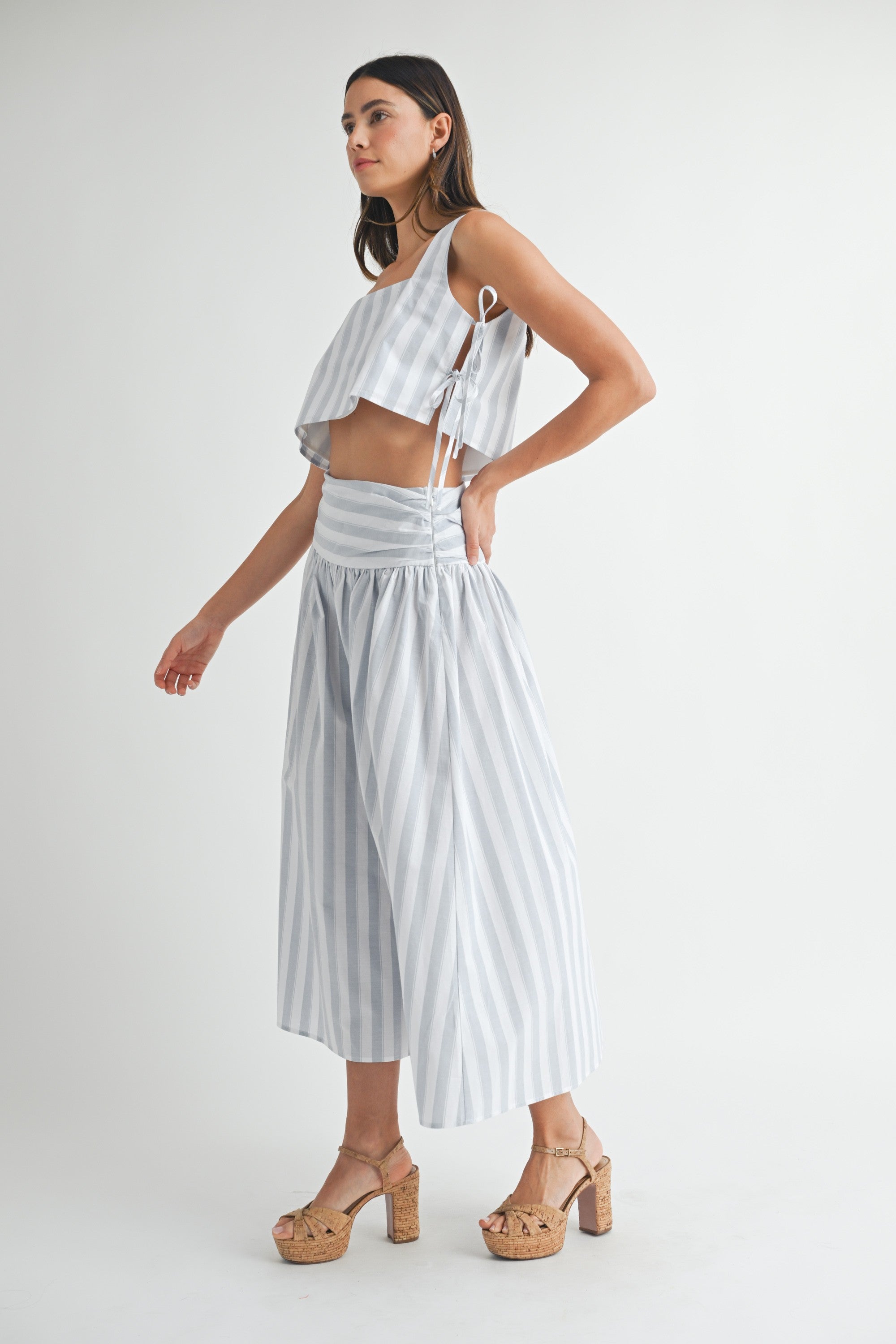 Lace Up Tank and Ruched Waist Midi Skirt Set