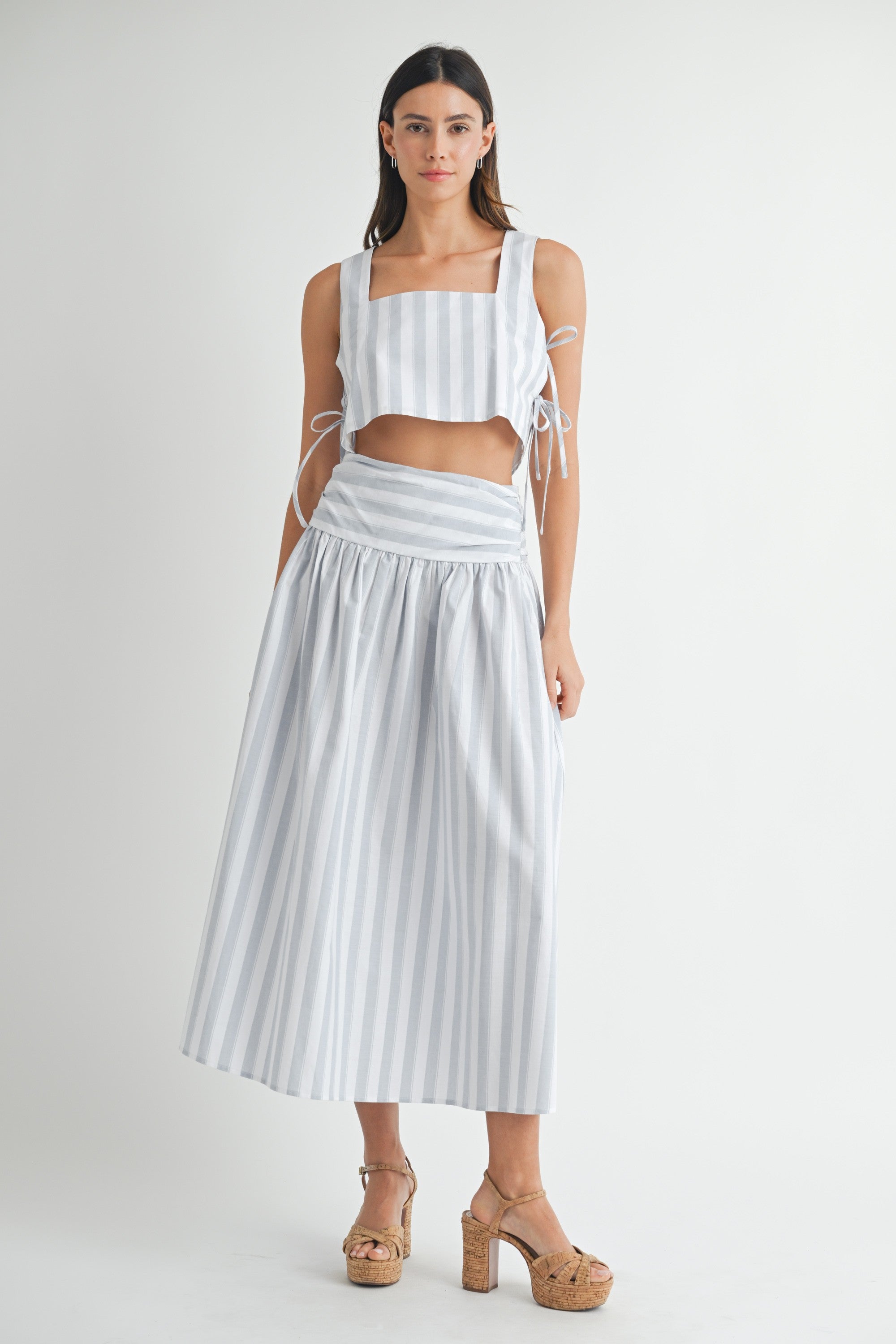 Lace Up Tank and Ruched Waist Midi Skirt Set