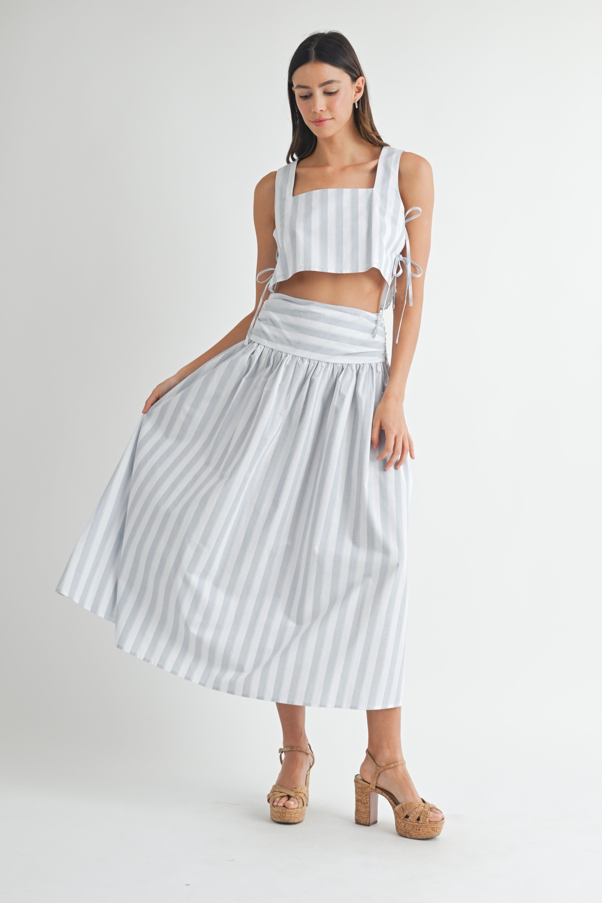 Lace Up Tank and Ruched Waist Midi Skirt Set