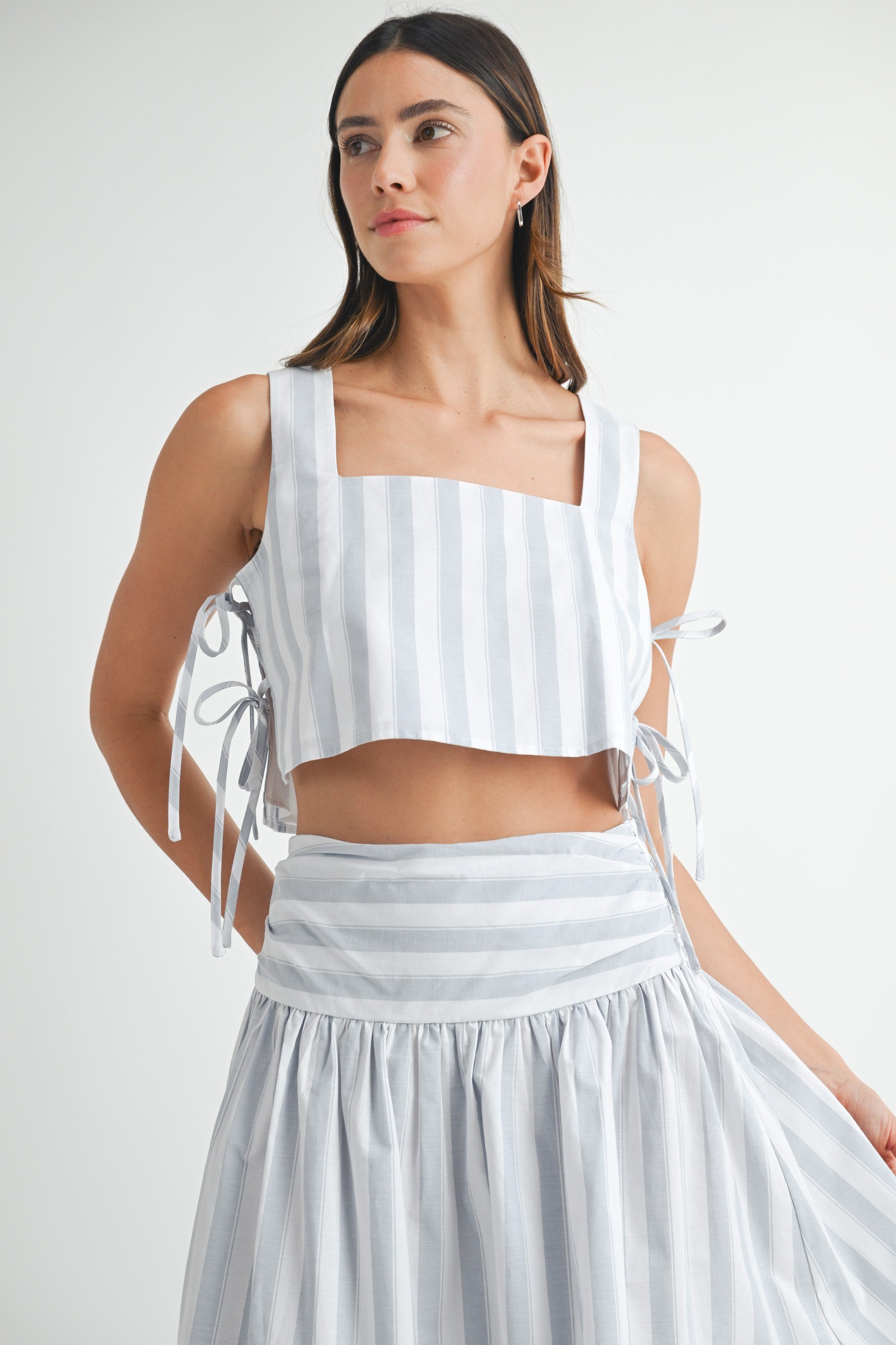 Lace Up Tank and Ruched Waist Midi Skirt Set