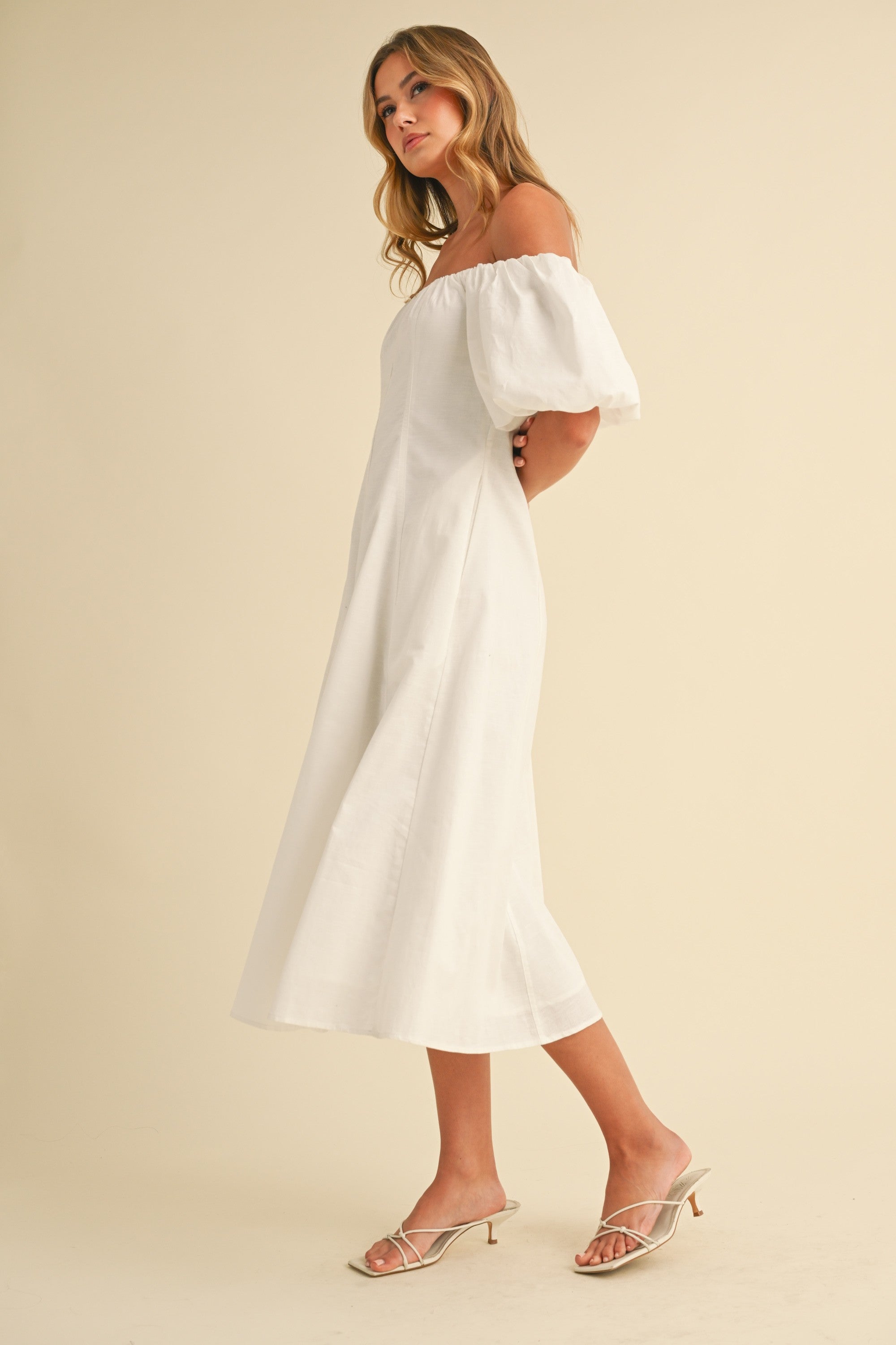 Puff Sleeves Off Shoulder Midi Dress