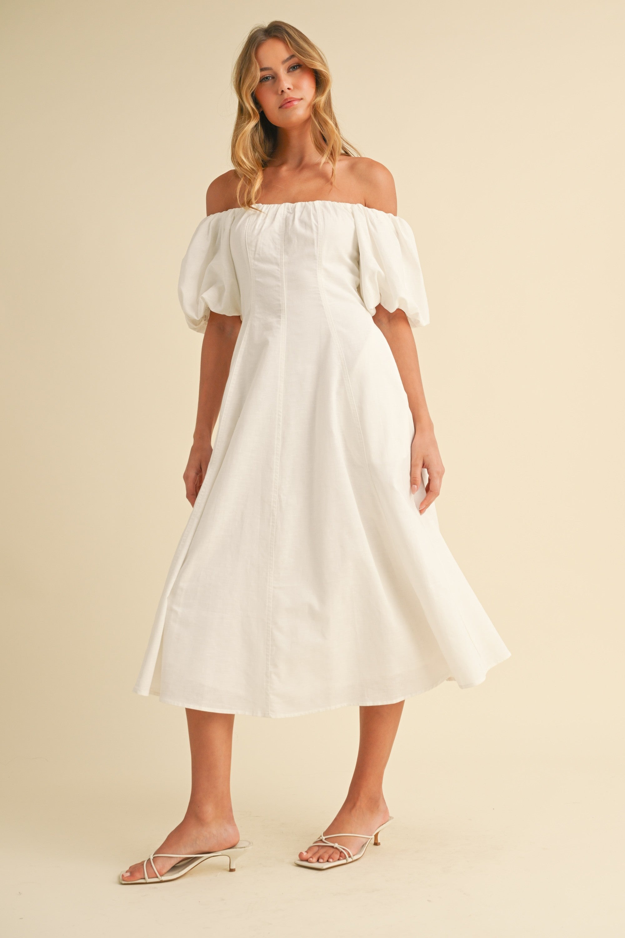 Puff Sleeves Off Shoulder Midi Dress