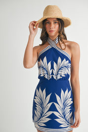 Royal Blue Placement Print Halter Neckline Mini Dress
