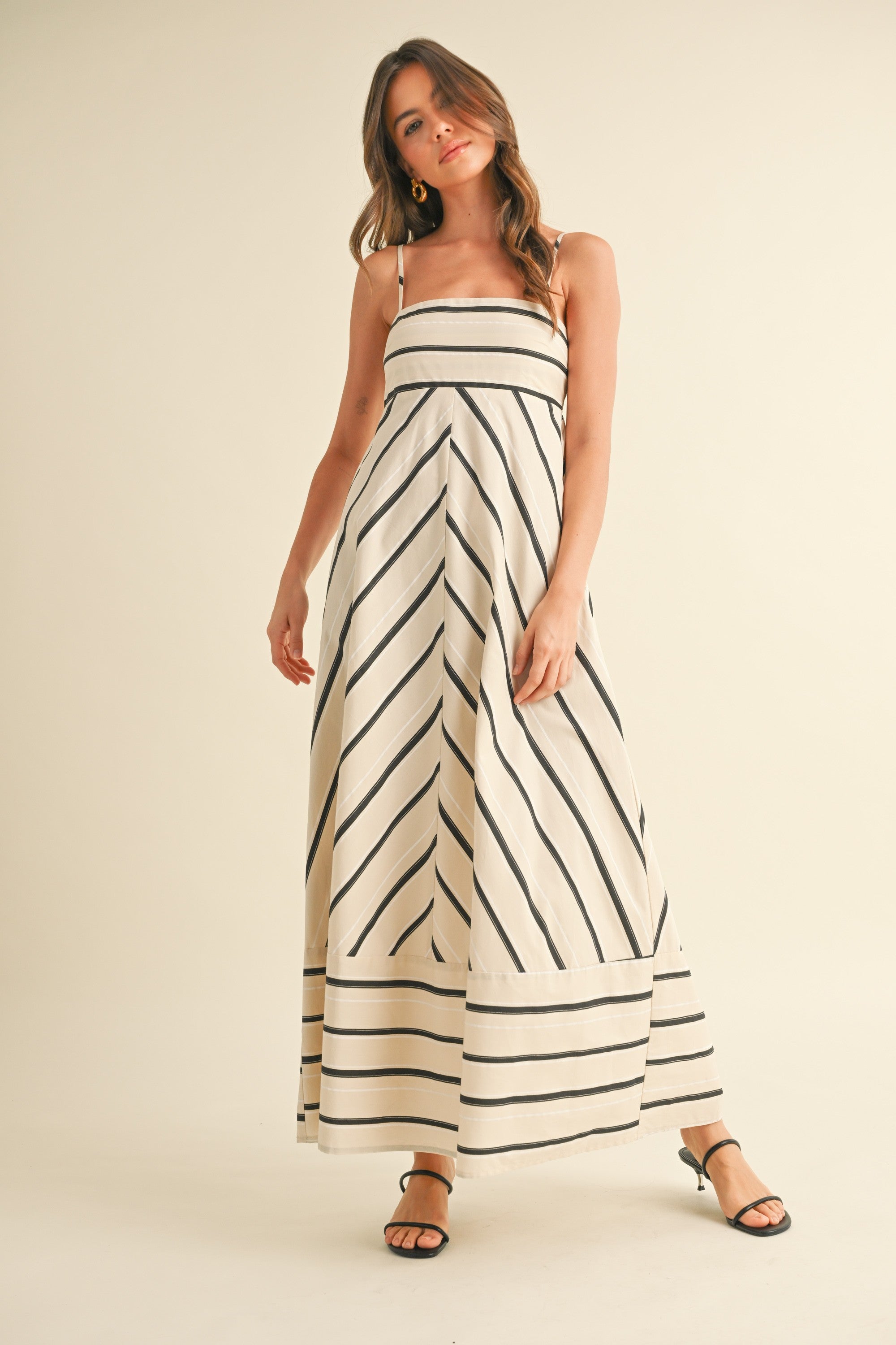 Cream Striped Empire Flare Maxi Dress