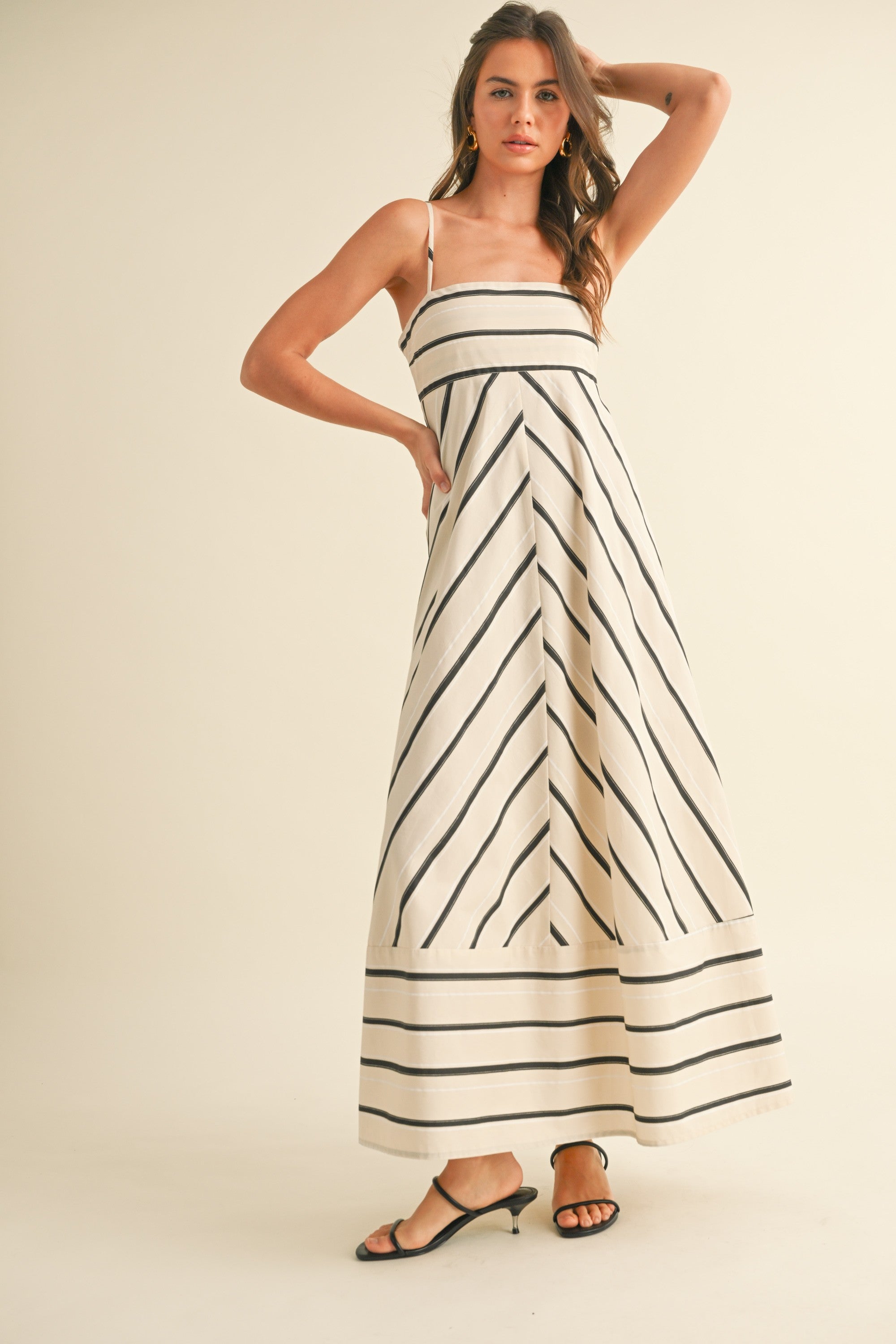 Cream Striped Empire Flare Maxi Dress