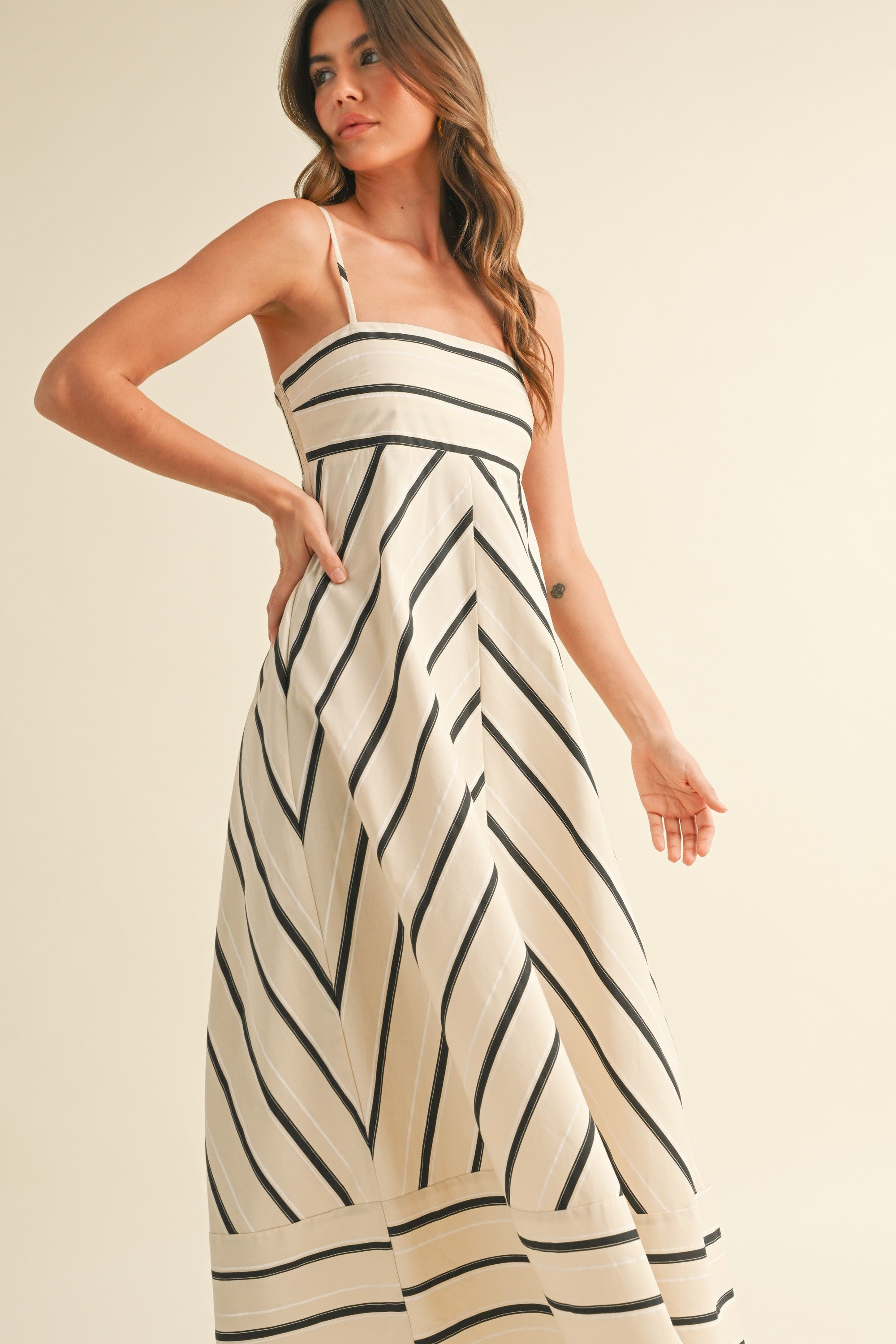 Cream Striped Empire Flare Maxi Dress