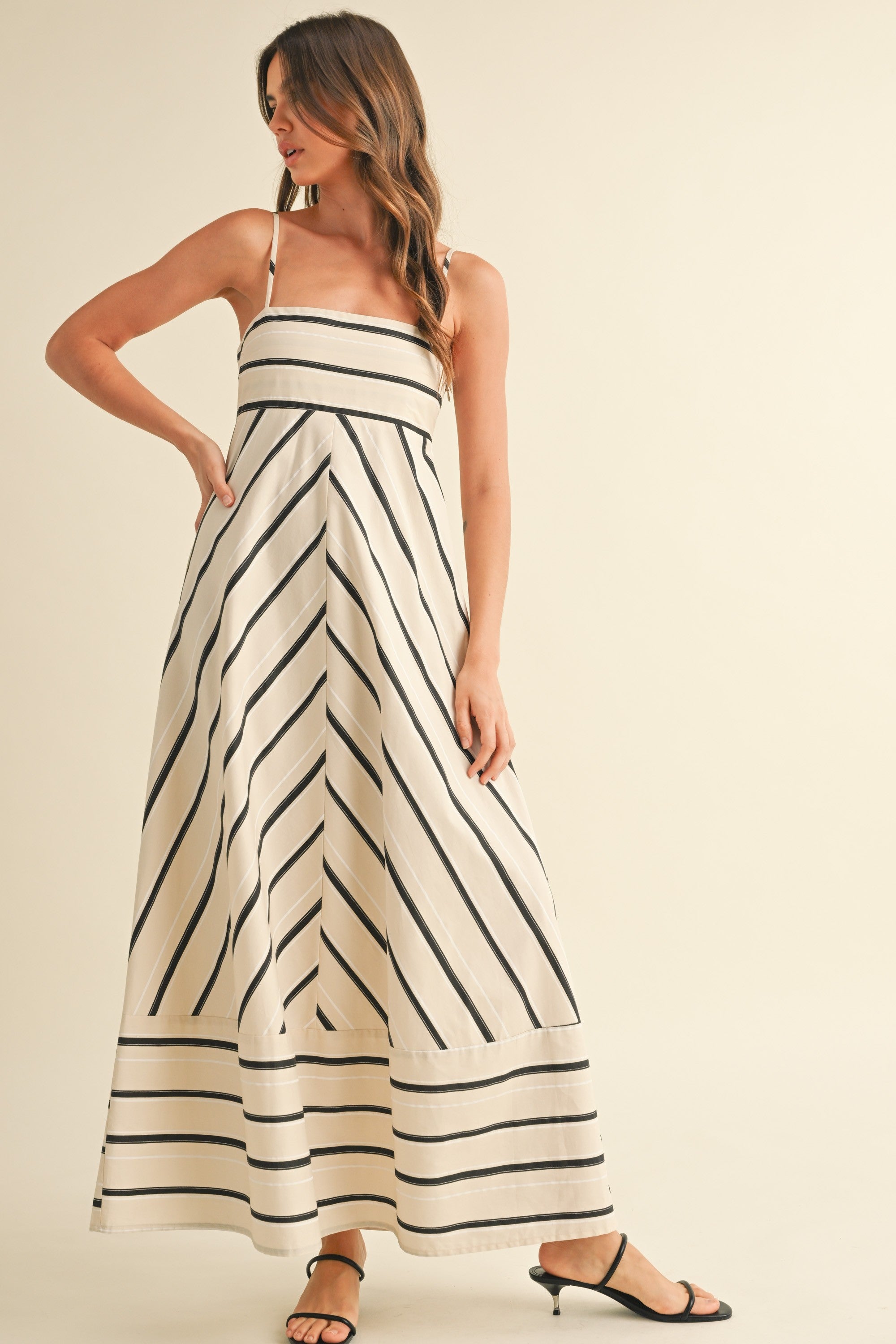 Cream Striped Empire Flare Maxi Dress