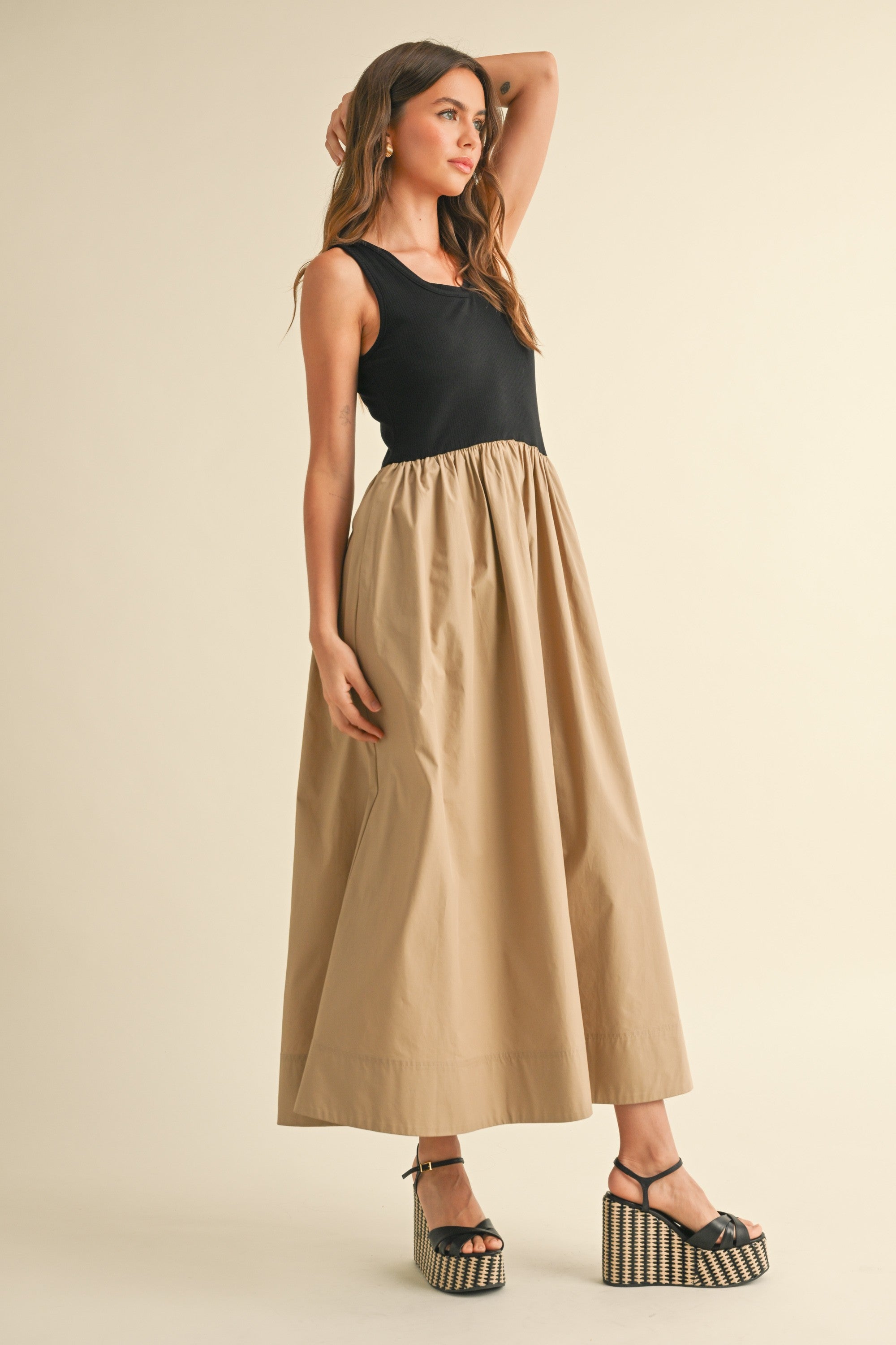 Ribbed Top Woven Skirt Combo Dress