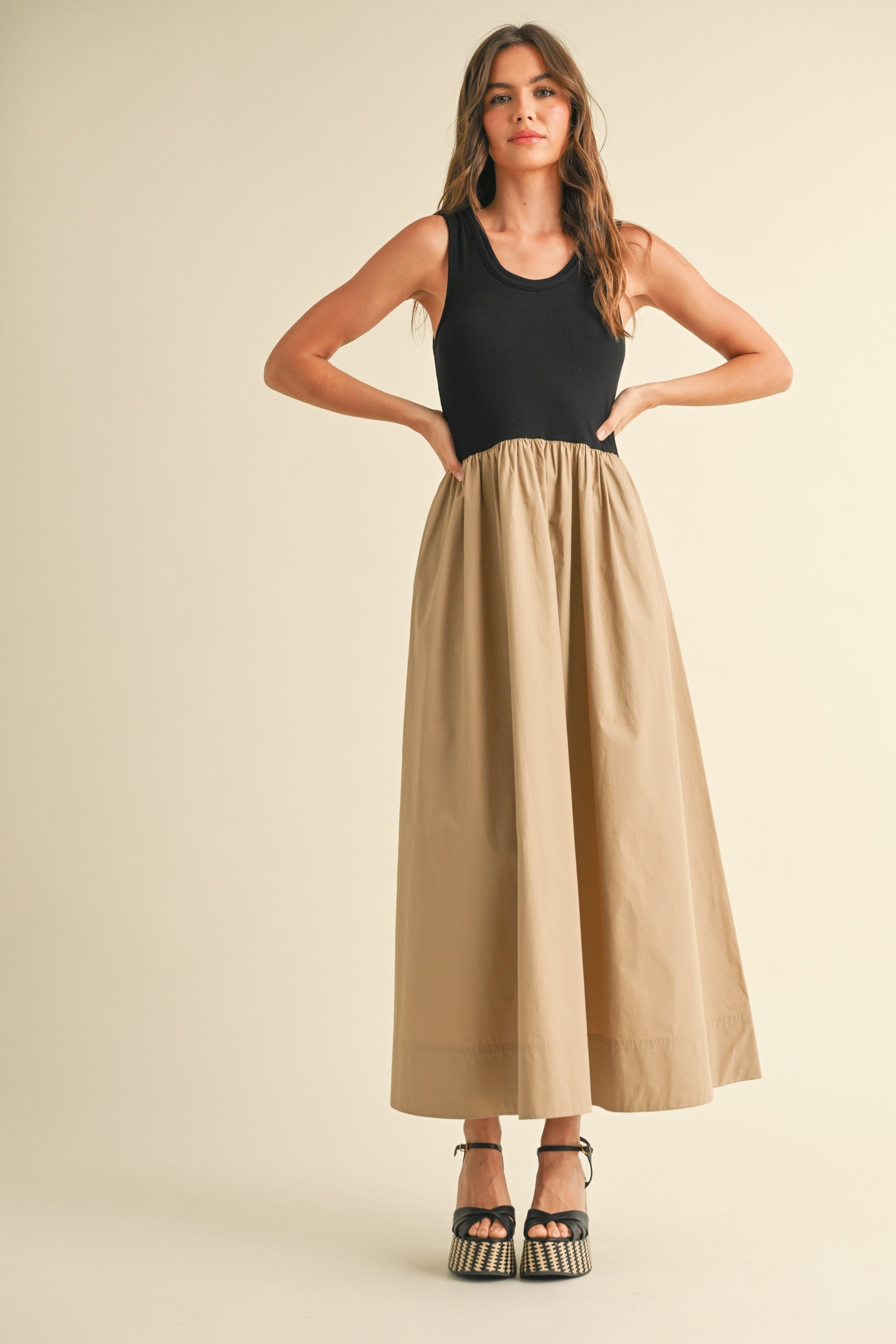 Ribbed Top Woven Skirt Combo Dress