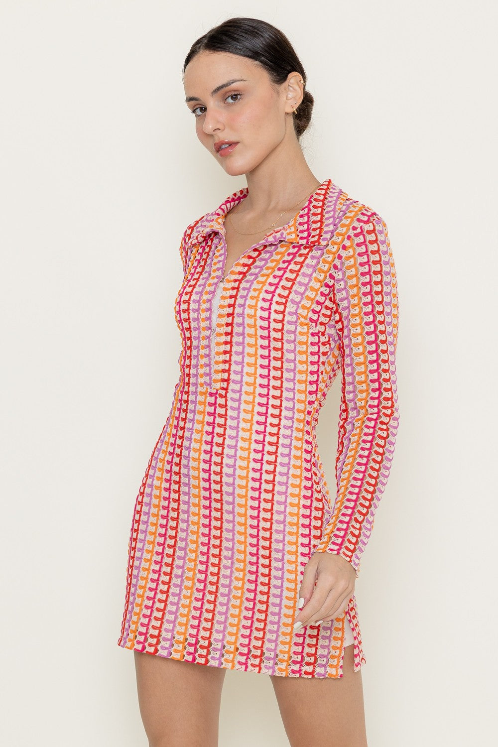 Fuchsia Retro Vintage Long Sleeve Abstract Bikini Cover