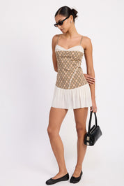 Plaid Ruched Mini Dress With Contrast Trim