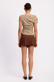 Asymmetric One Shoulder Ruched Plaid Top