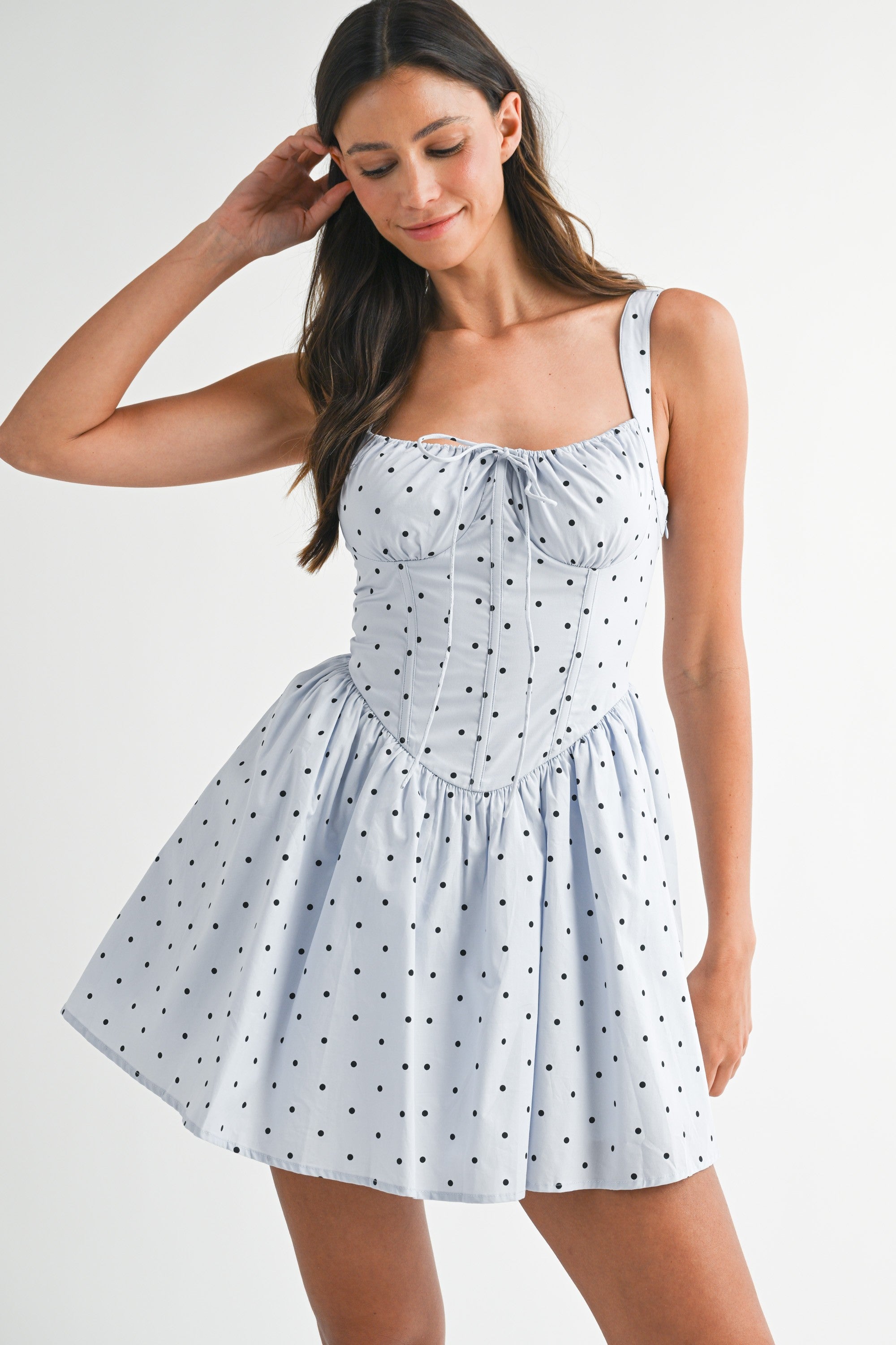 Polka Dot Ruched Bust Corset Back Lace Up Dress