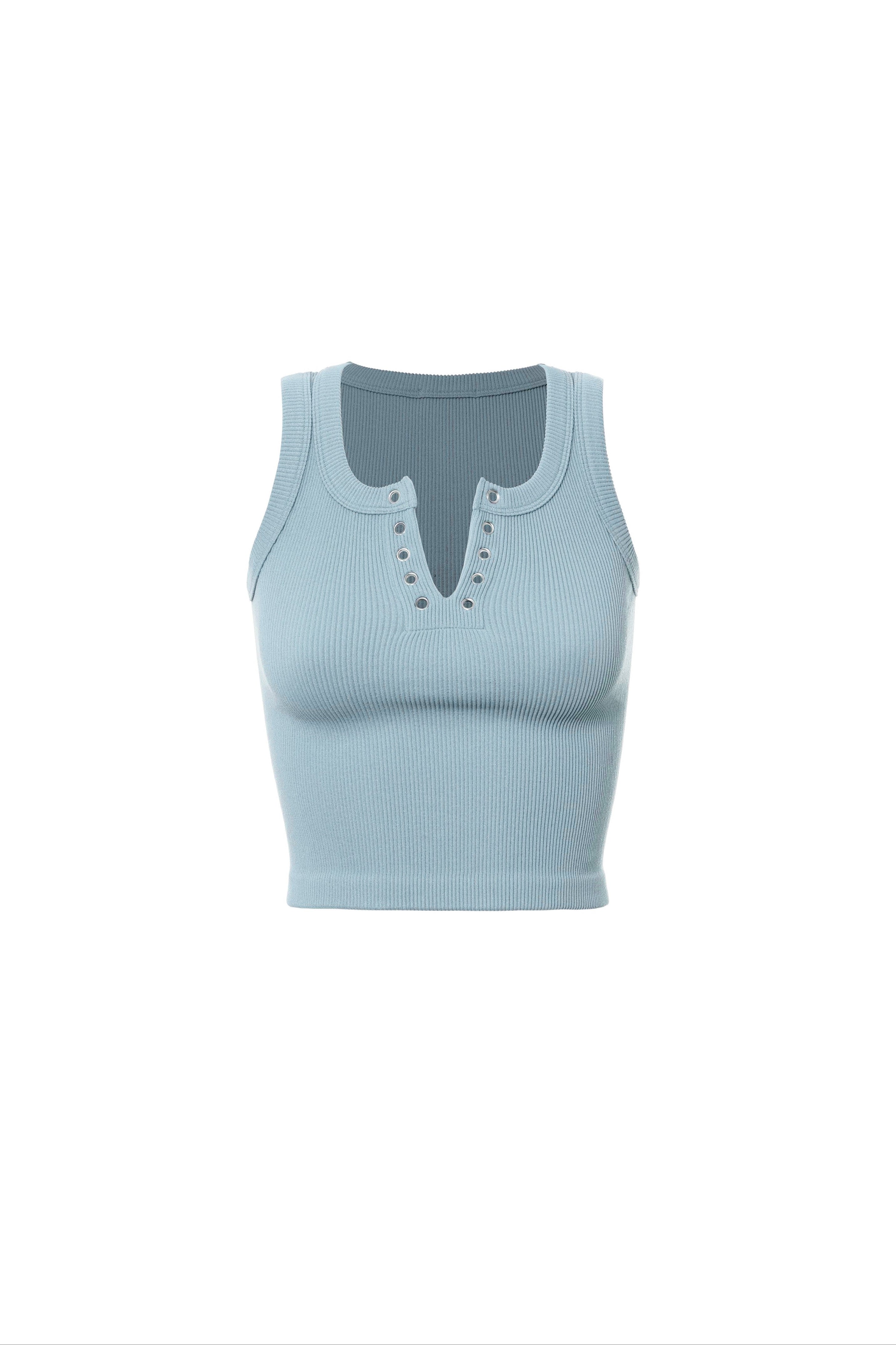 Blue Ribbed Grommet Crop Tank