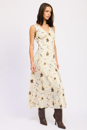 V Neck Floral Midi Bias Dress With Slit