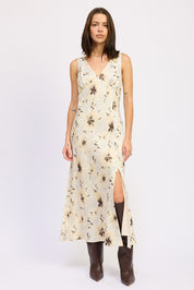 V Neck Floral Midi Bias Dress With Slit