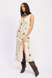 V Neck Floral Midi Bias Dress With Slit