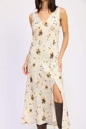 V Neck Floral Midi Bias Dress With Slit