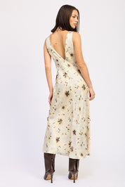 V Neck Floral Midi Bias Dress With Slit