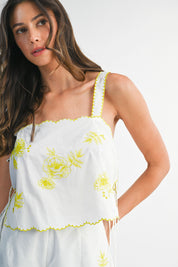 Floral Embroidered Scallop Crop Top And Short Set