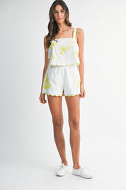 Floral Embroidered Scallop Crop Top And Short Set