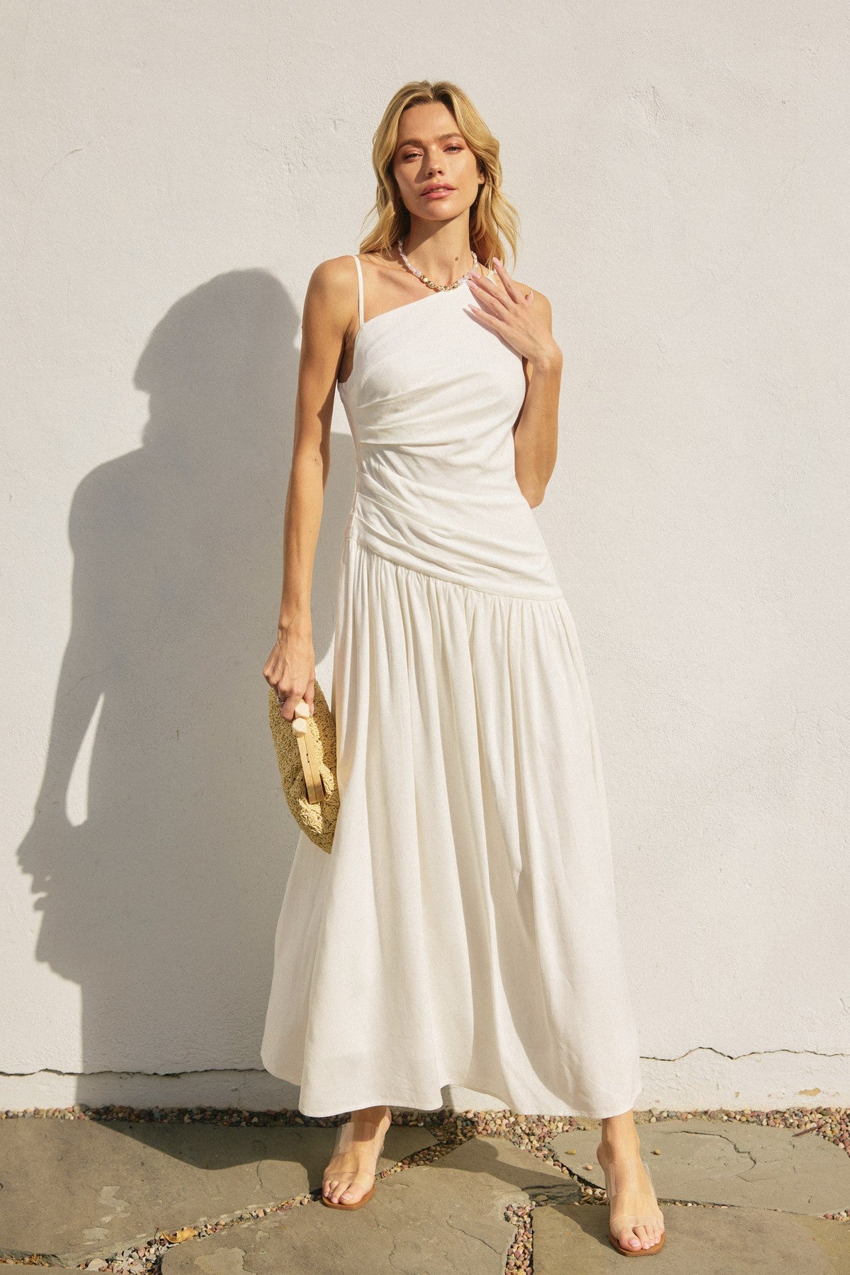 Linen Drop Waist Ruched Maxi Dress