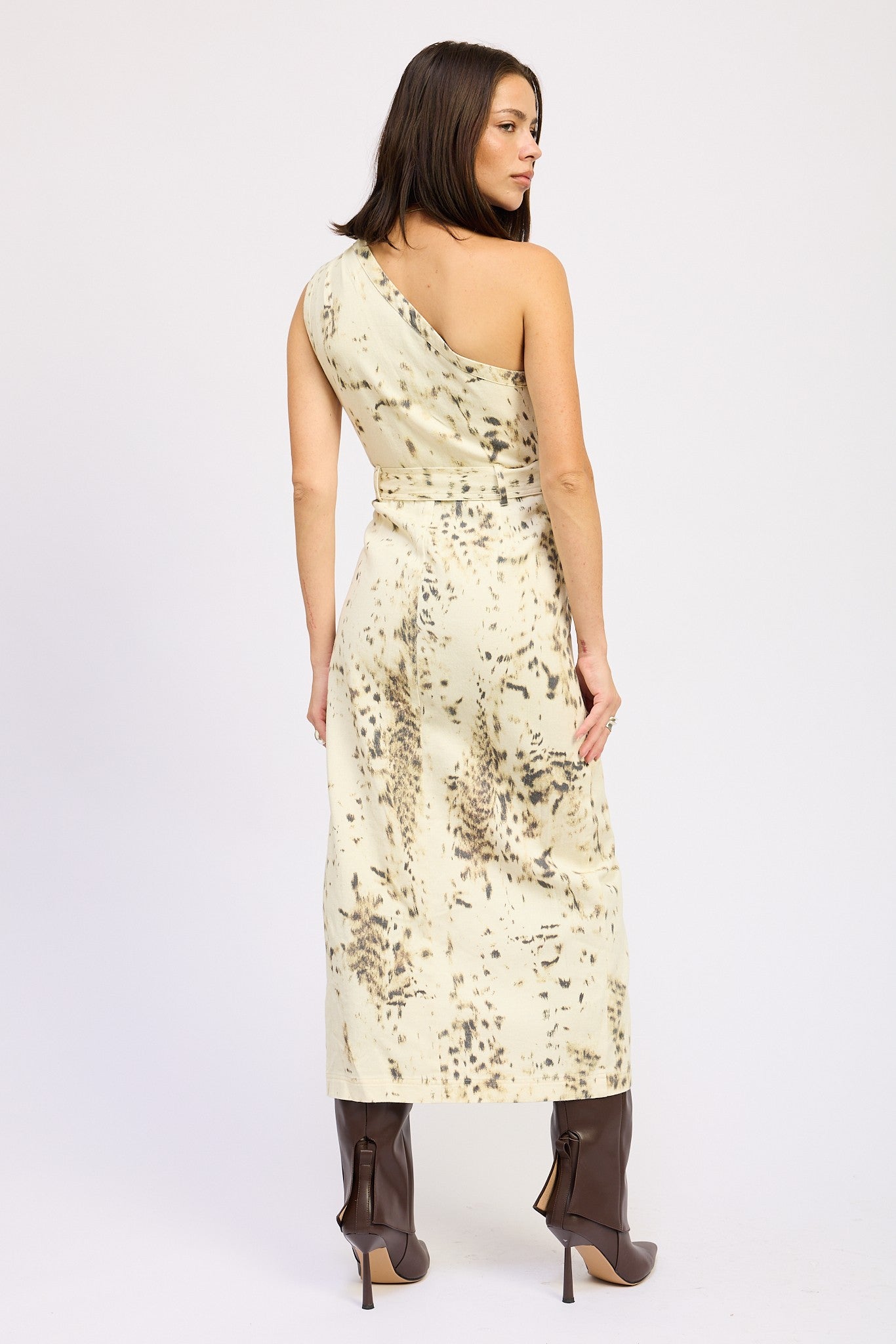 Midi Printed One Shoulder Western Belted Dress