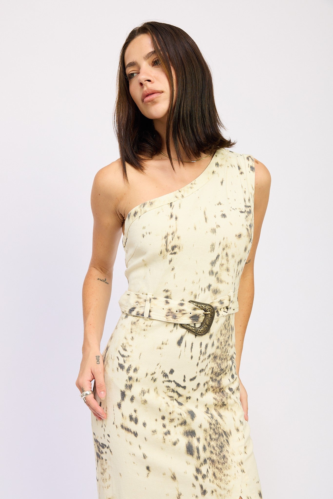 Midi Printed One Shoulder Western Belted Dress