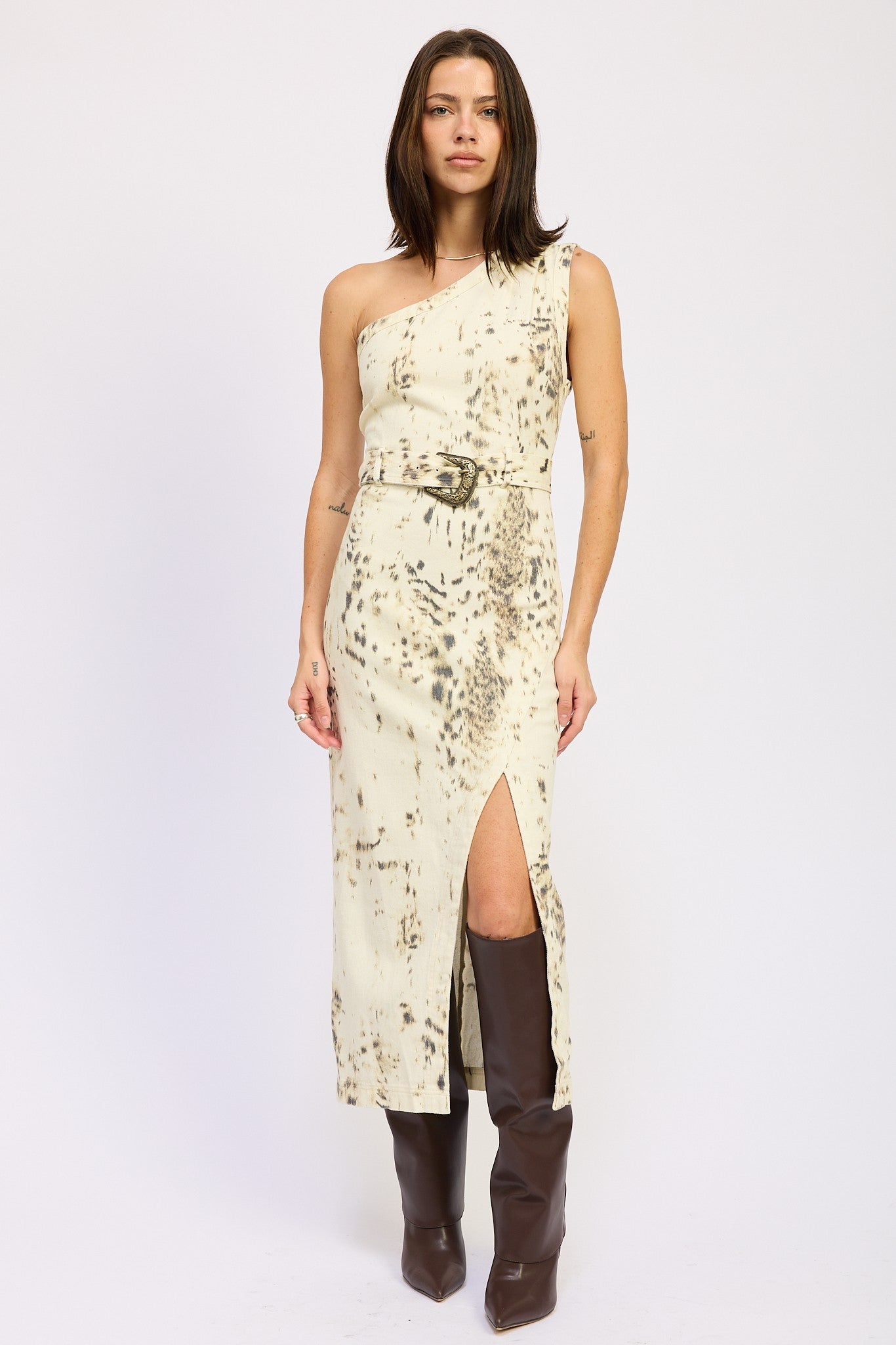 Midi Printed One Shoulder Western Belted Dress