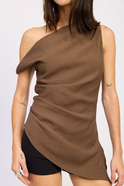 Marron Asymetrical Off Shoulder Ruched Top