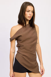 Marron Asymetrical Off Shoulder Ruched Top
