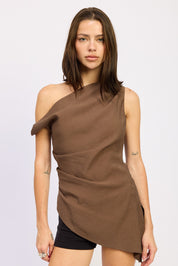 Marron Asymetrical Off Shoulder Ruched Top