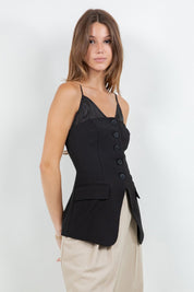 Black Contrast Soft Woven Combo Button Down Vest Top