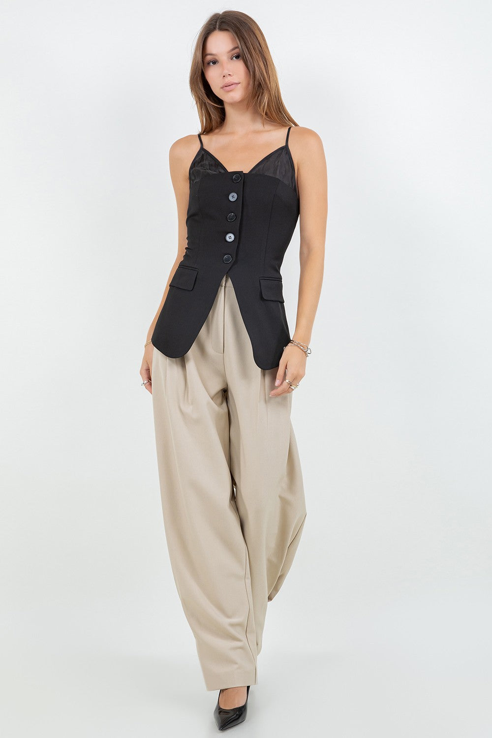 Black Contrast Soft Woven Combo Button Down Vest Top