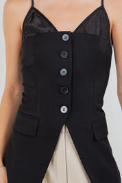 Black Contrast Soft Woven Combo Button Down Vest Top