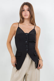 Black Contrast Soft Woven Combo Button Down Vest Top