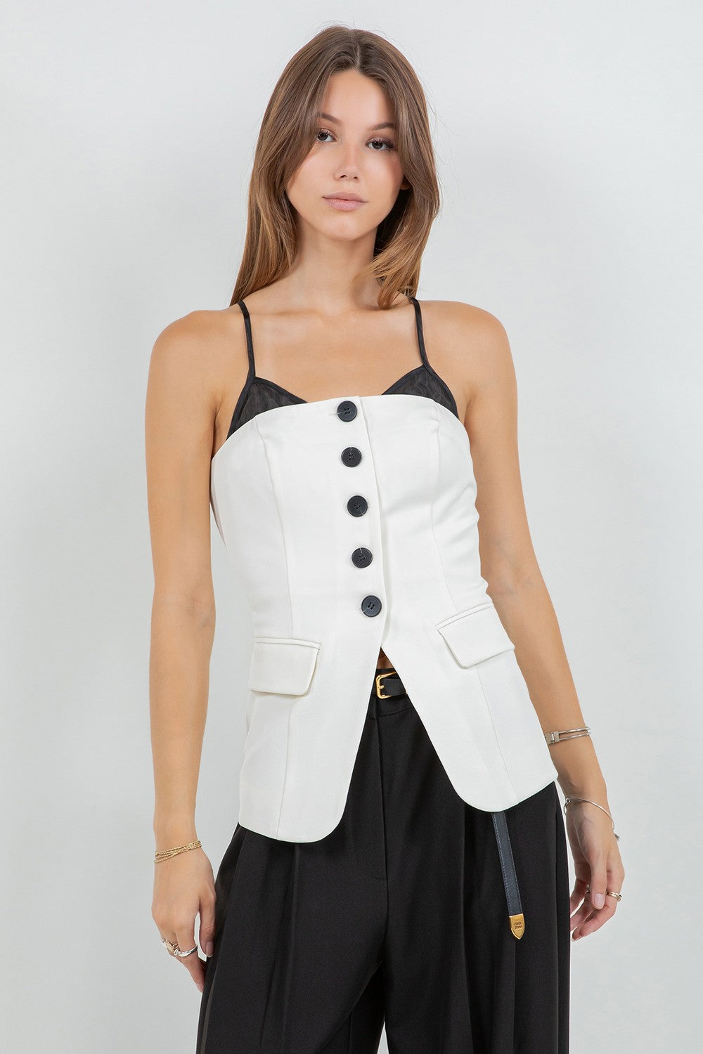 Contrast Soft Woven Combo Button Down Vest Top